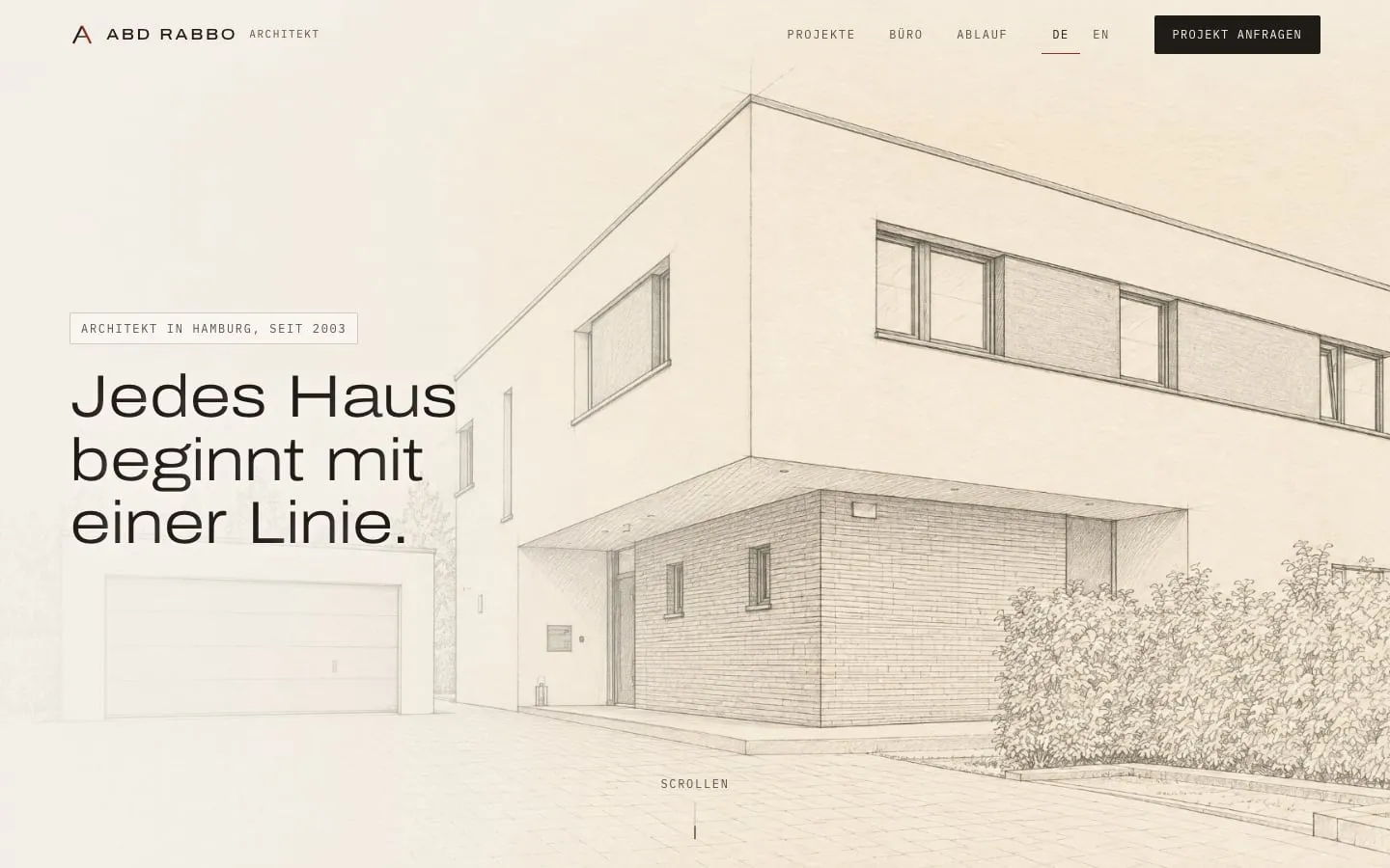 Die Startseite des Architekten Abd Rabbo: die Zeichnung eines weißen Hauses.