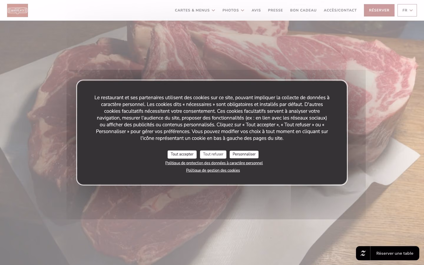 L'ancien site de Beefplace : une photo de viande crue, couverte par un grand bandeau de cookies.