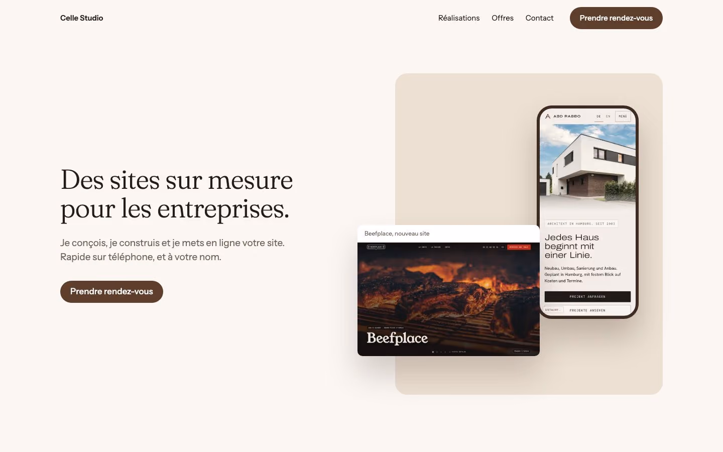 The studio's site today: “Des sites sur mesure pour les entreprises.” and two sites on a computer and a phone.